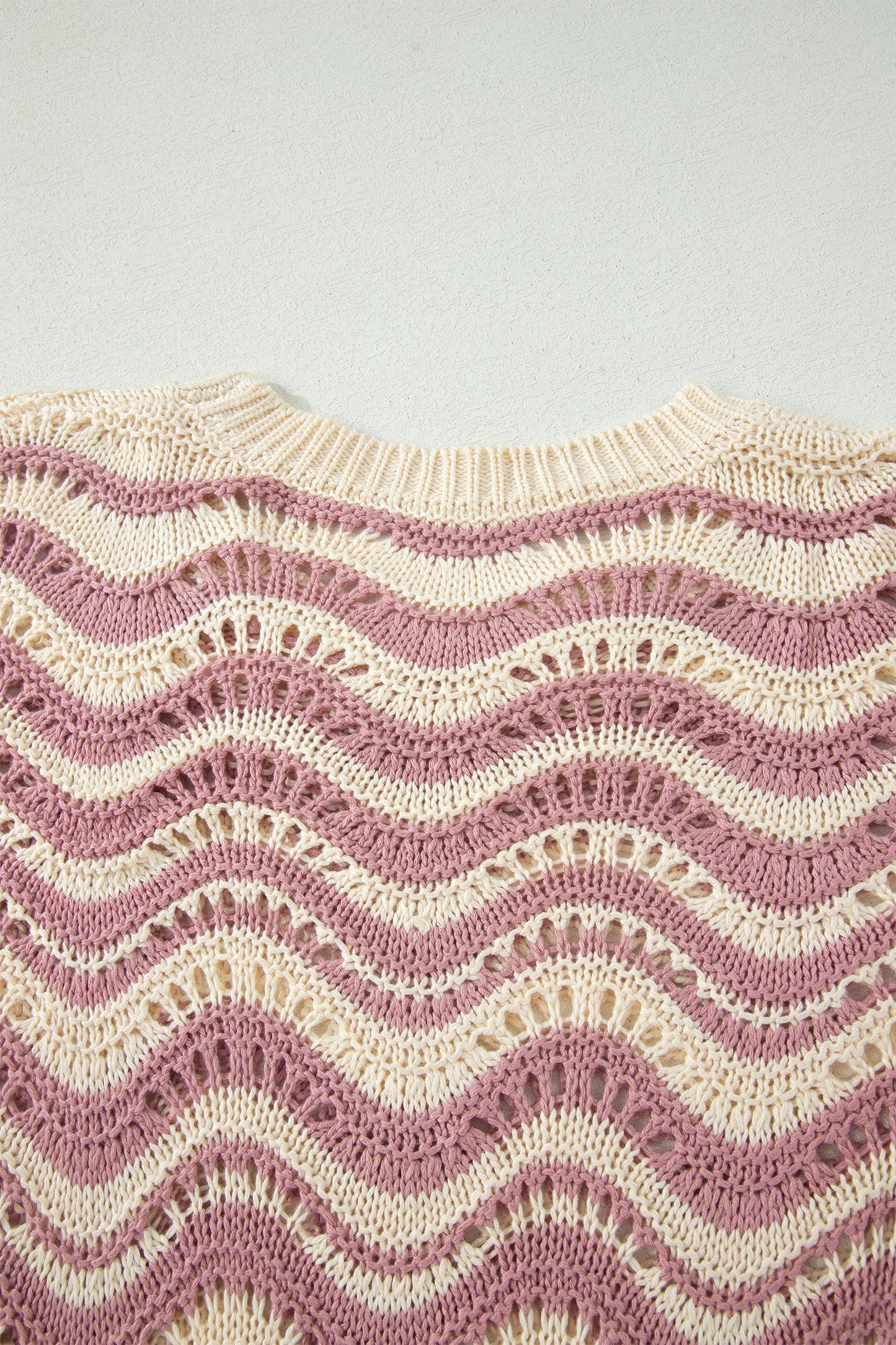 Beige Stripe Wavy Crochet Eyelet Detail Ruffle Half Sleeve Sweater