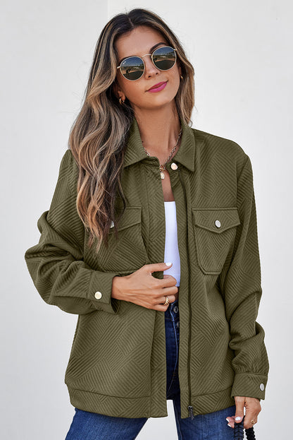 Chaquetas con cuello, color verde negruzco sólido, con cremallera y solapa con botones