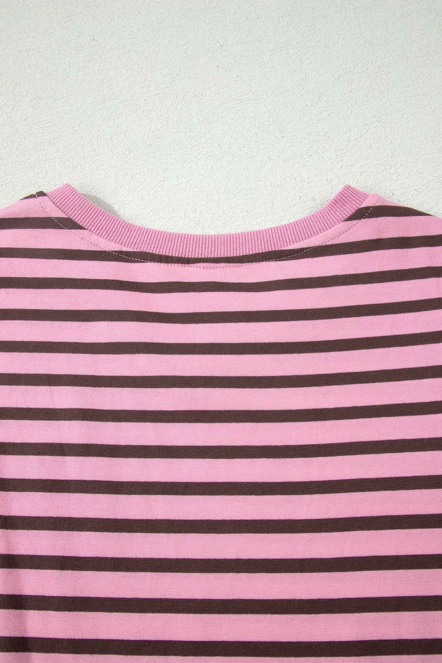 Rose Stripe Striped V-Neck Ribbed Collar Cuff Gathering Puff Sleeve Top