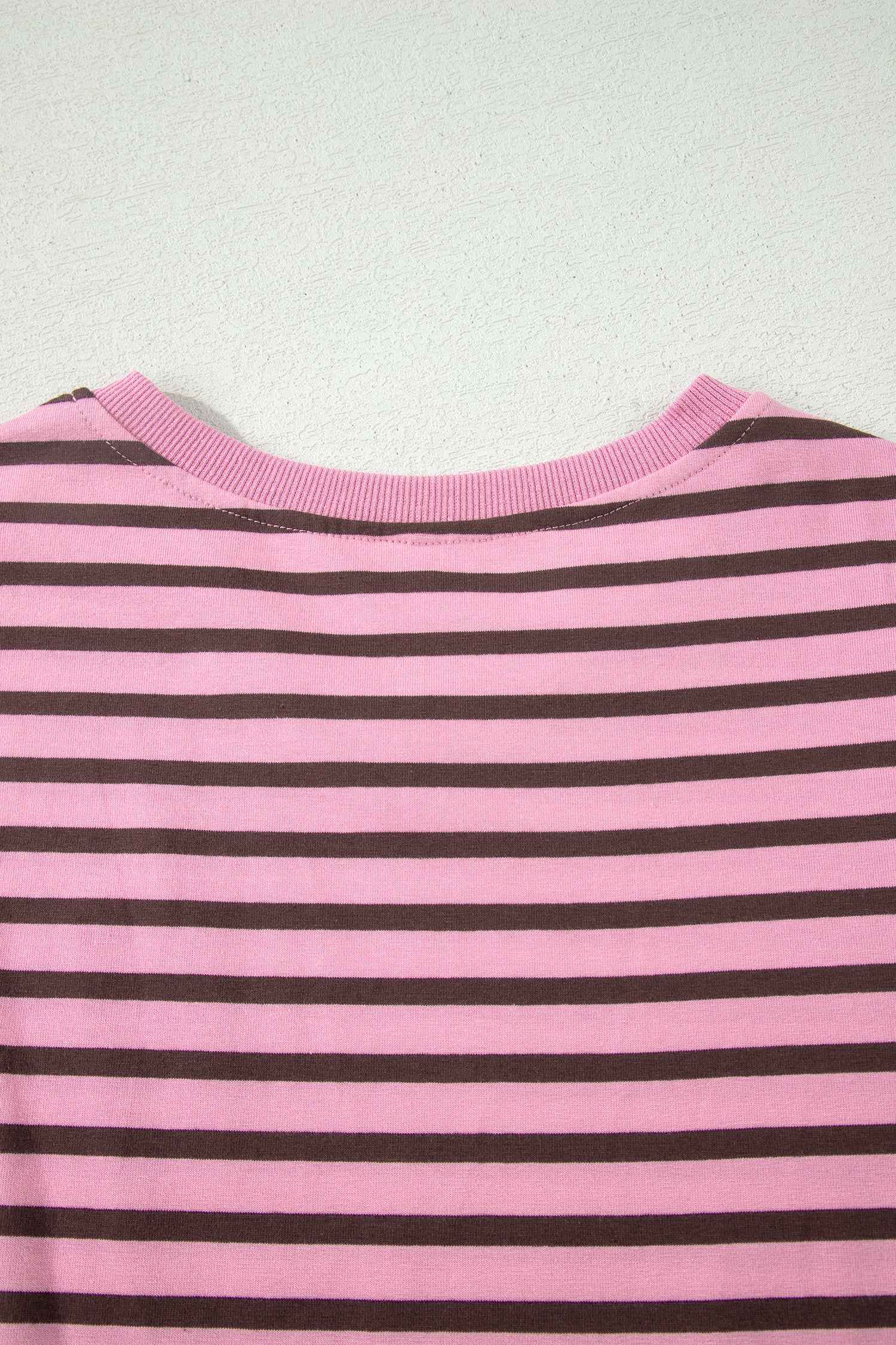 Rose Stripe Striped V-Neck Ribbed Collar Cuff Gathering Puff Sleeve Top