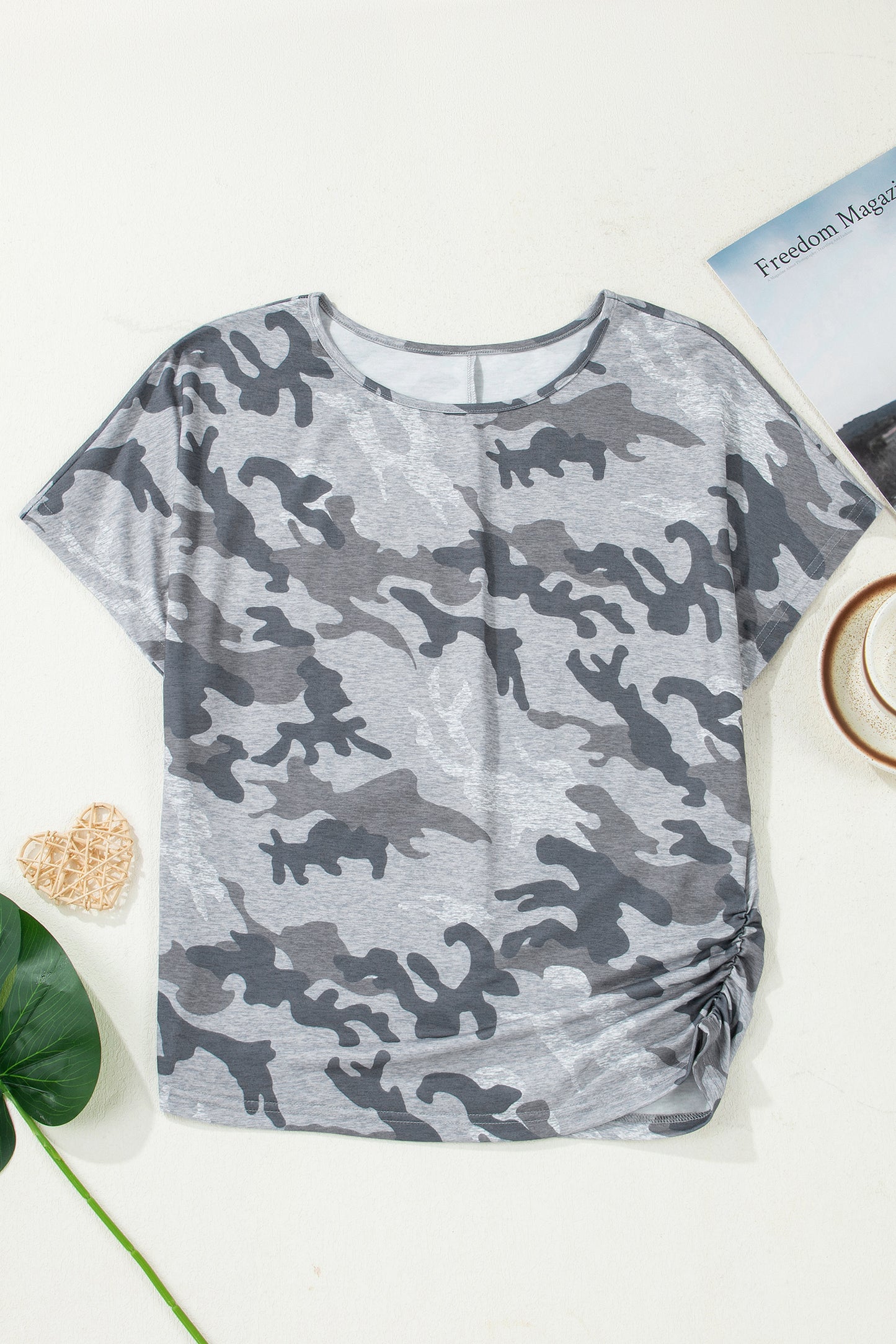 Gray Camouflage Print Round Neck T Shirt - Snoopy's Closet