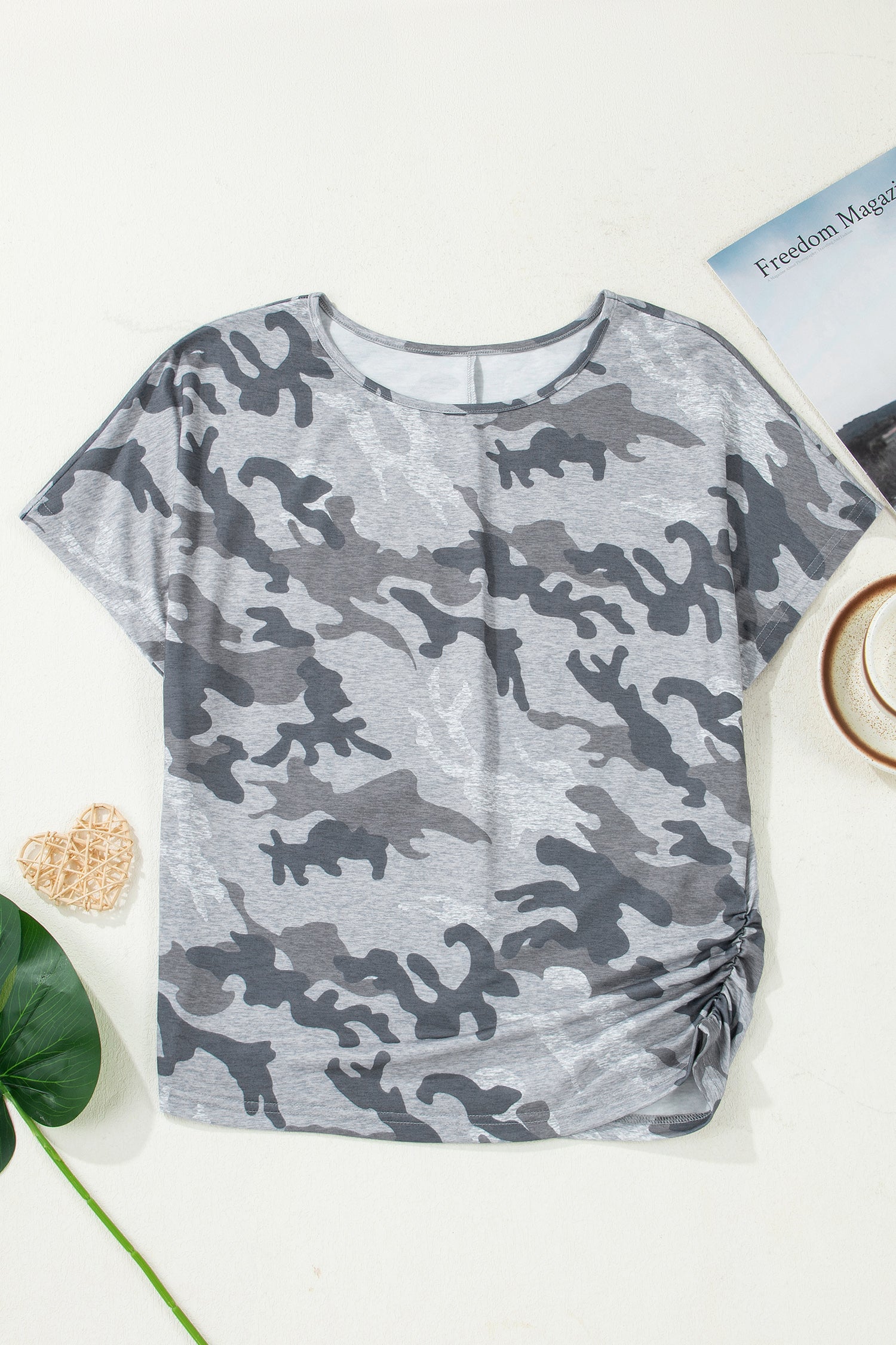 Gray Camouflage Print Round Neck T Shirt - Snoopy's Closet