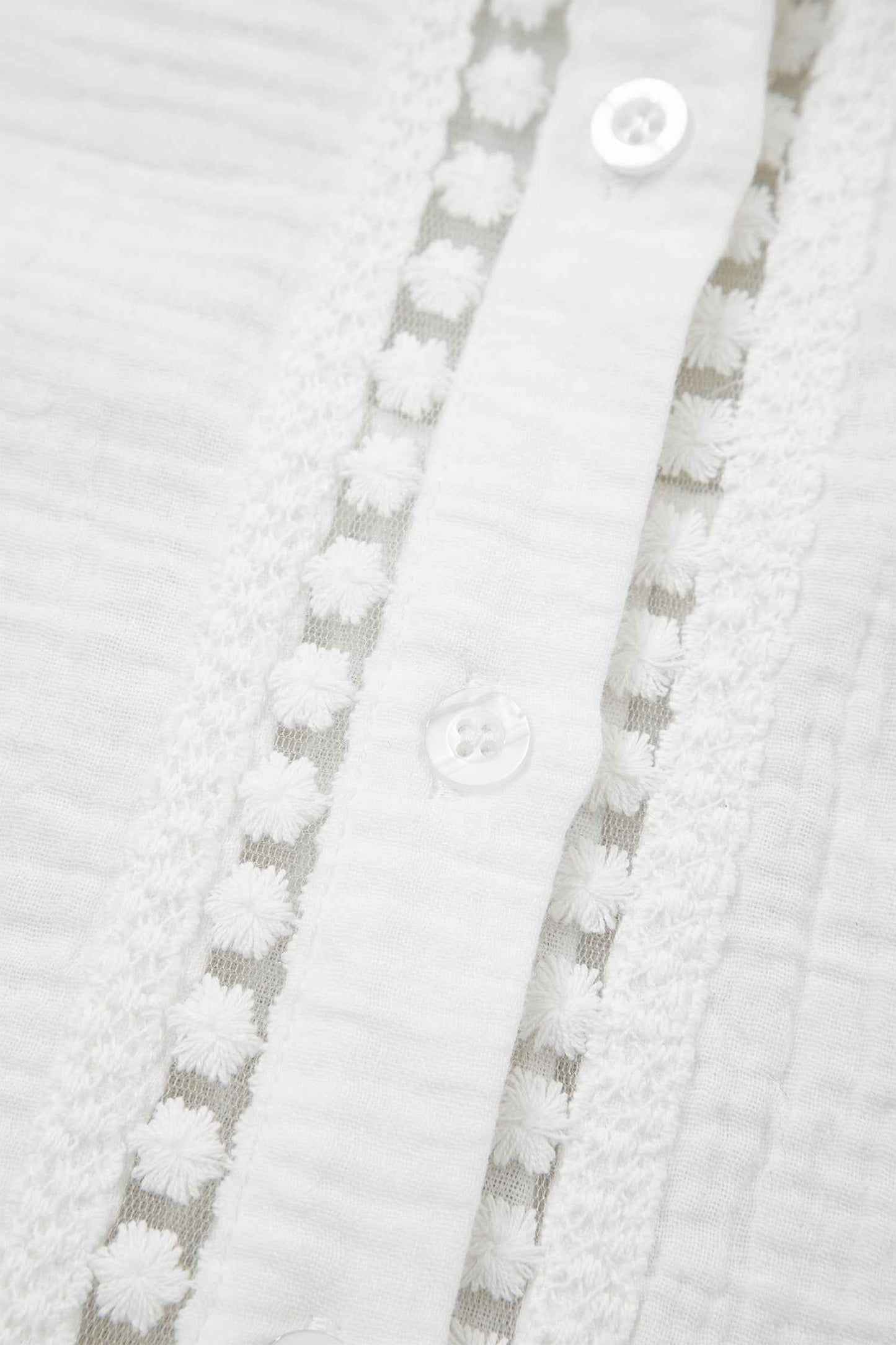 White Lace Trim Cuffed Short Sleeve Textured Shirt