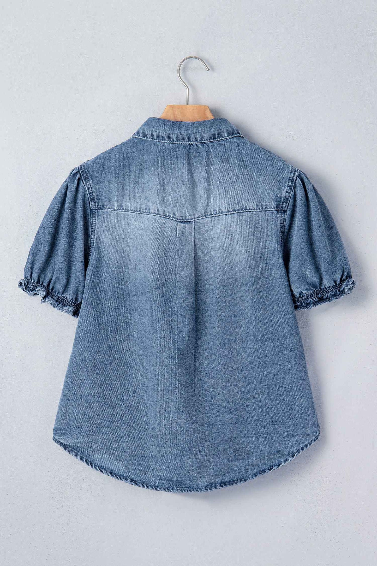 Beau Blue Frilled Short Sleeve Snap Button Denim Shirt
