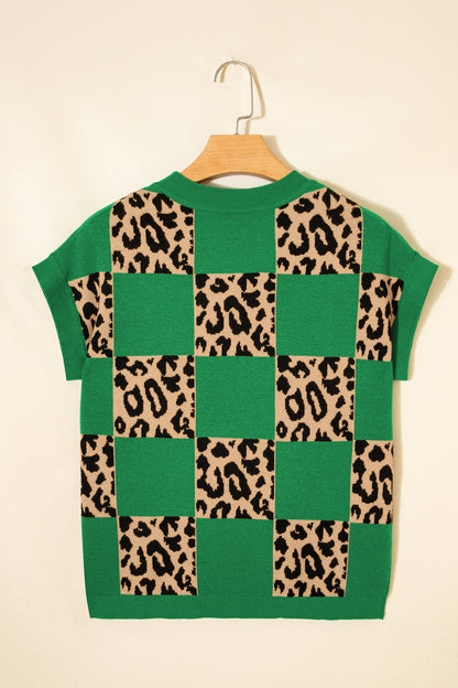 Suéter de punto de manga corta con estampado a cuadros de leopardo verde