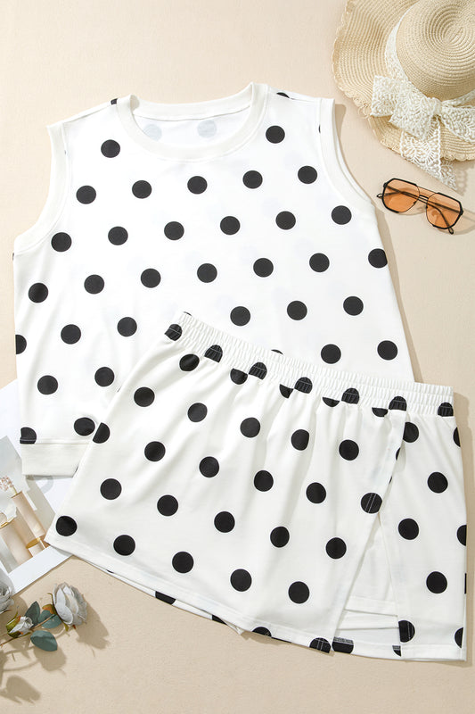 Traje de 2 piezas de falda pantalón con estampado de lunares, talla grande, color blanco