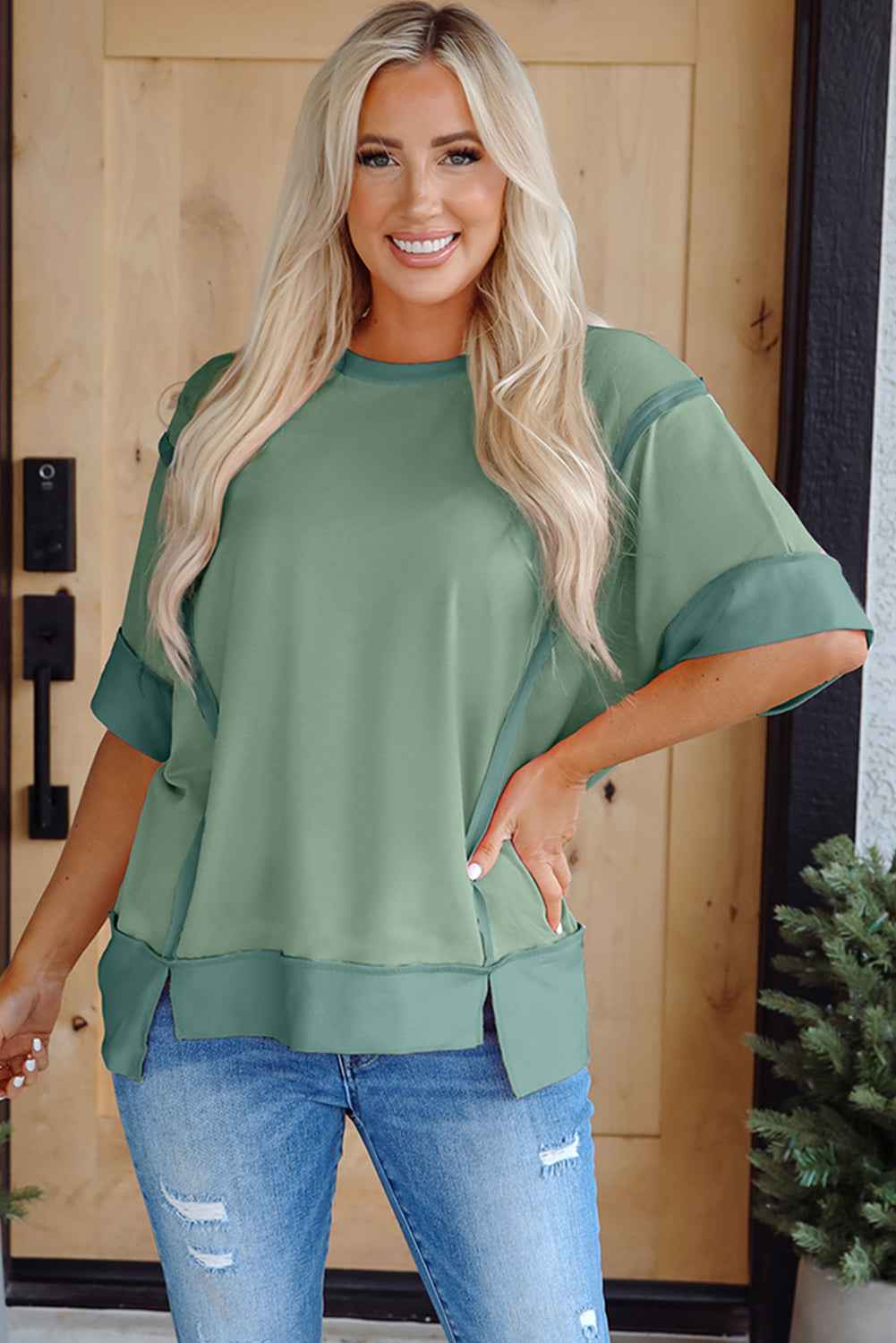 Peach Blossom Half Sleeve Raw Seam High Low Side Split Top