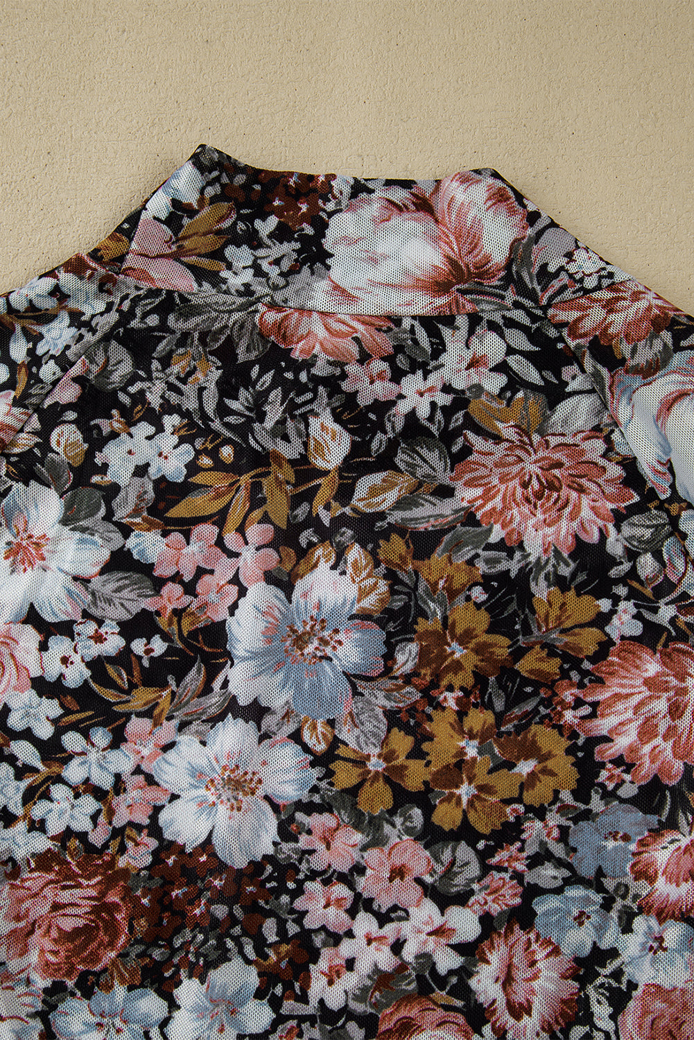 Brown Floral Long Sleeve High Neck Sheath Mesh Blouse - Snoopy's Closet