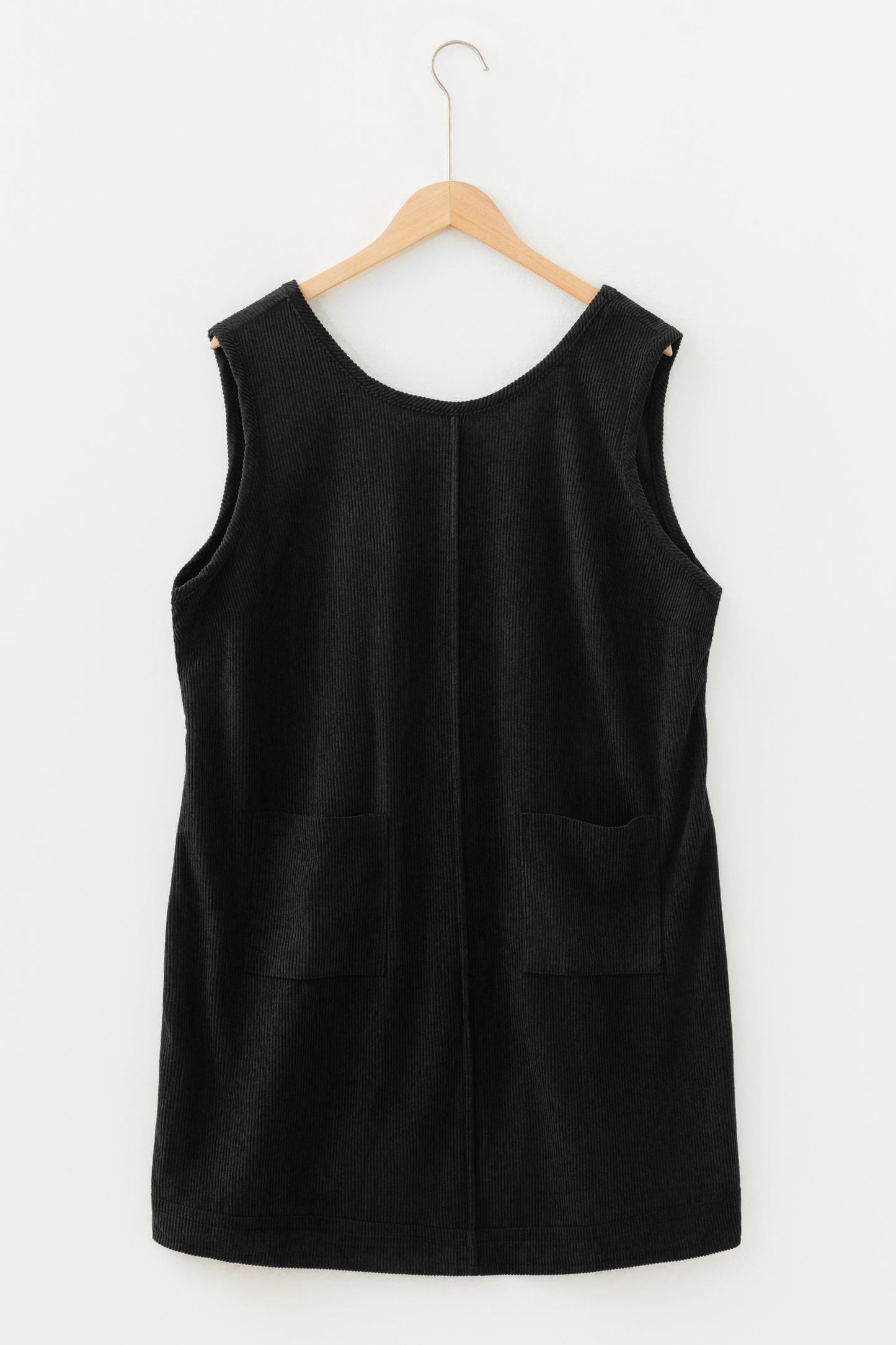 Minivestido Negro Sin Mangas de Pana Tallas Grandes con Bolsillos de Parche