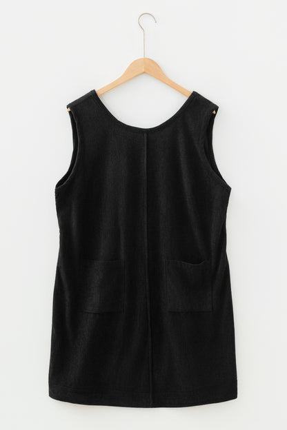 Minivestido Negro Sin Mangas de Pana Tallas Grandes con Bolsillos de Parche