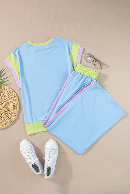 Sky Blue Color Block Detail Casual Two-piece Outfit - Snoopy's Closet
