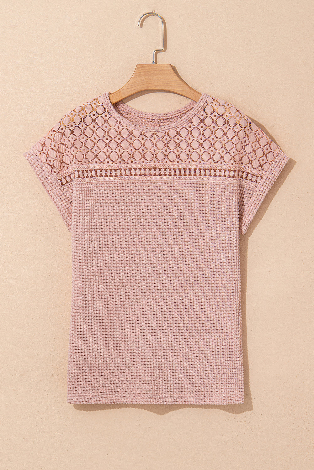 Light Pink Lace Patchwork Waffle Short Sleeve Top - Snoopy's Closet