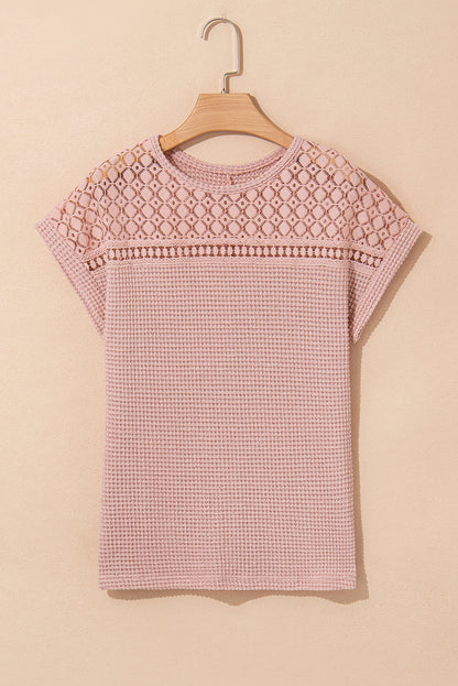 Light Pink Lace Patchwork Waffle Short Sleeve Top - Snoopy's Closet