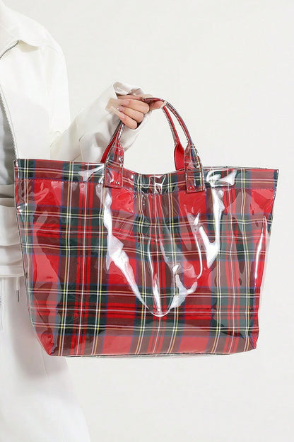 Fiery Red Plaid Pattern PVC Glossy Waterproof Tote Bag