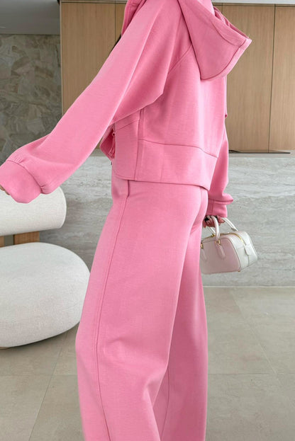 Pink Solid Color Zip Up Hoodie Drawstring Loose Pants Set - Snoopy's Closet