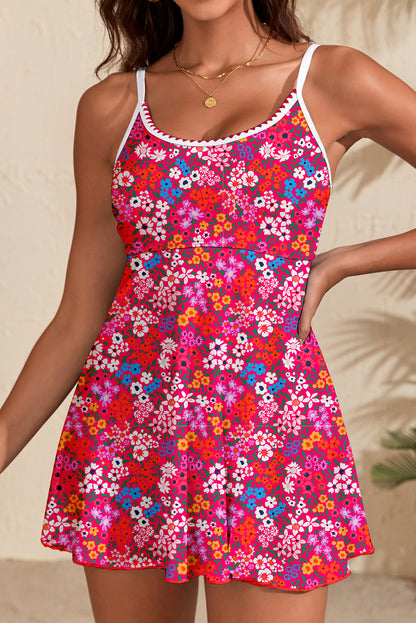 Red Floral Print Ricrac Trim Spaghetti Strap One Piece Swim Dress - Snoopy's Closet