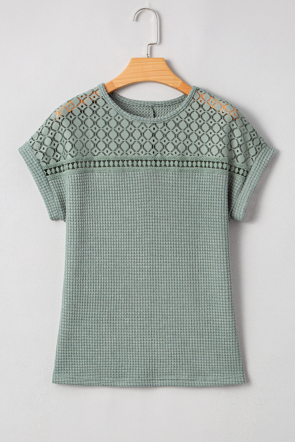 Mist Green Lace Patchwork Waffle Short Sleeve Top - Snoopy's Closet