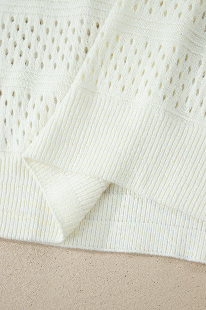 Suéter dolman blanco de manga corta con ojales calados y ribete acanalado, talla grande