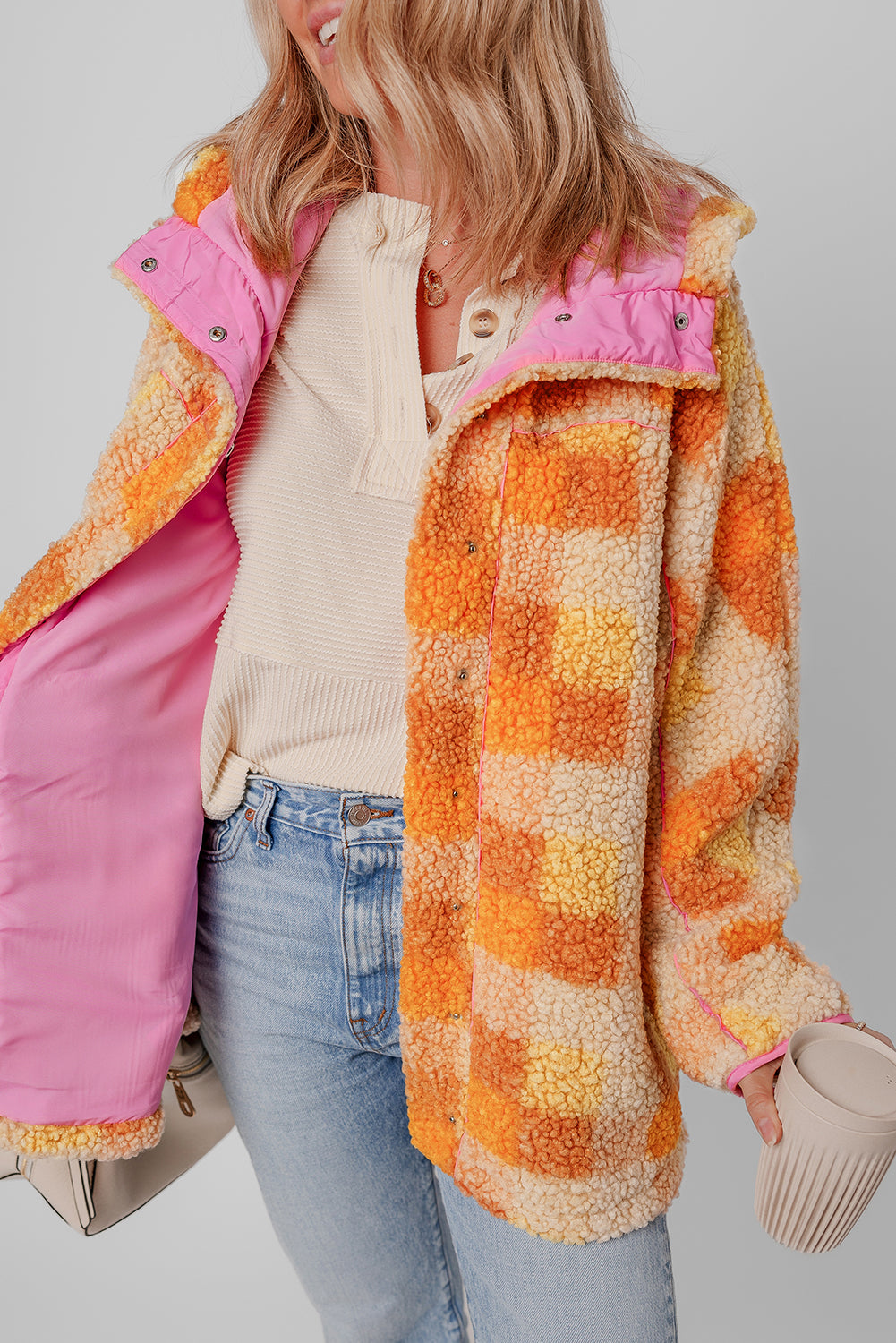 Orange Checkered Sherpa Hooded Jacket - Snoopy's Closet