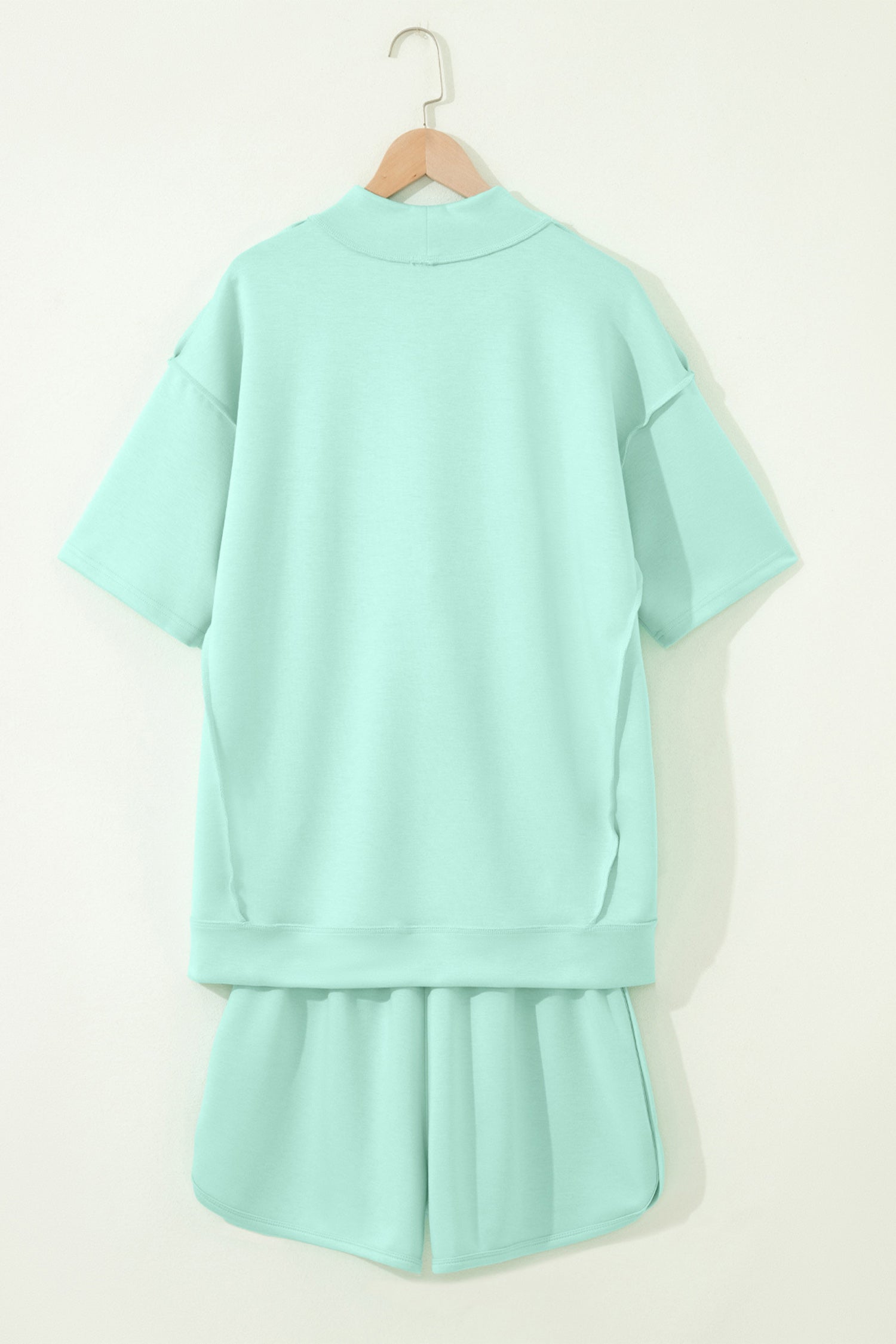 Moonlight Jade Solid Color Exposed Seam Mock Neck Oversize Tee Casual Shorts 2pcs Outfit - Snoopy's Closet