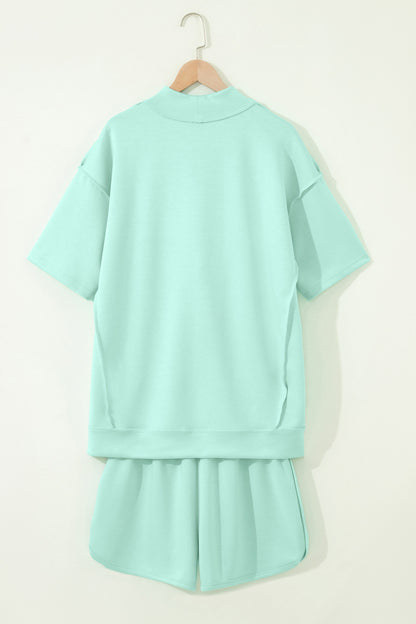 Moonlight Jade Solid Color Exposed Seam Mock Neck Oversize Tee Casual Shorts 2pcs Outfit - Snoopy's Closet