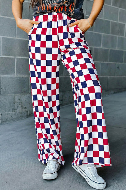 Pantalón de pernera ancha de talle alto con estampado a cuadros de dos tonos en rojo