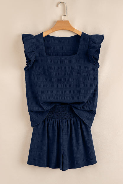 Dirty blue Textured Square Neck Top and Shirred High Waist Shorts Set - Snoopy's Closet