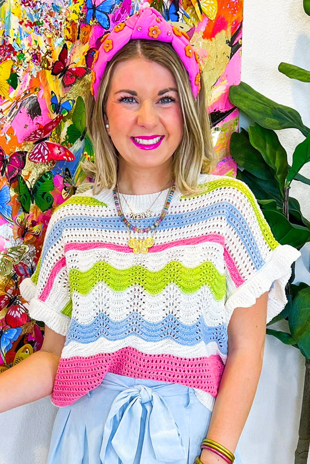 White Colorblock Crochet Knit Ruffled Short Sleeve Sweater Top - Snoopy's Closet