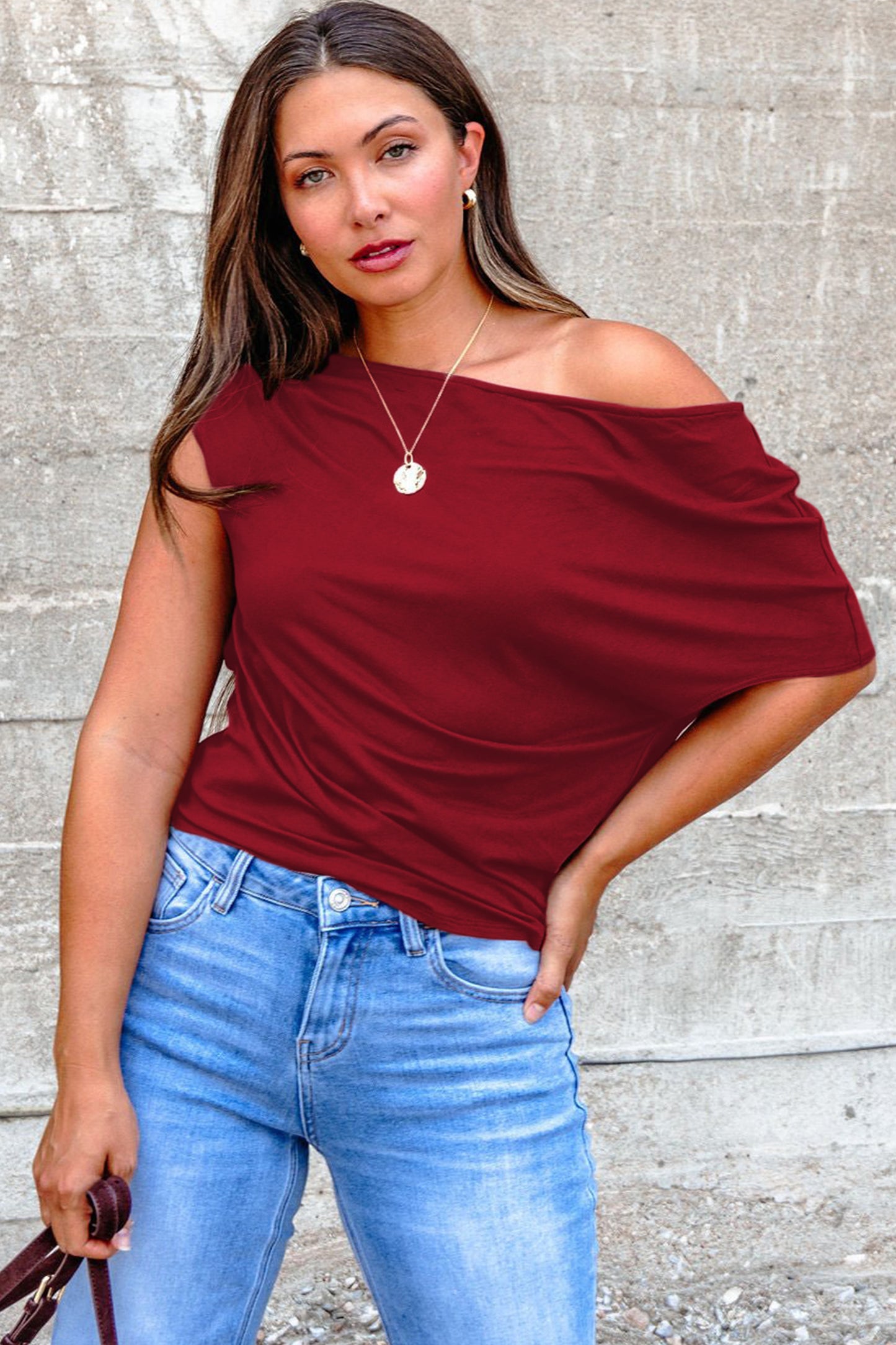 Burgundy Plus Size Solid Color Asymmetric Neck Short Sleeve Blouse - Snoopy's Closet
