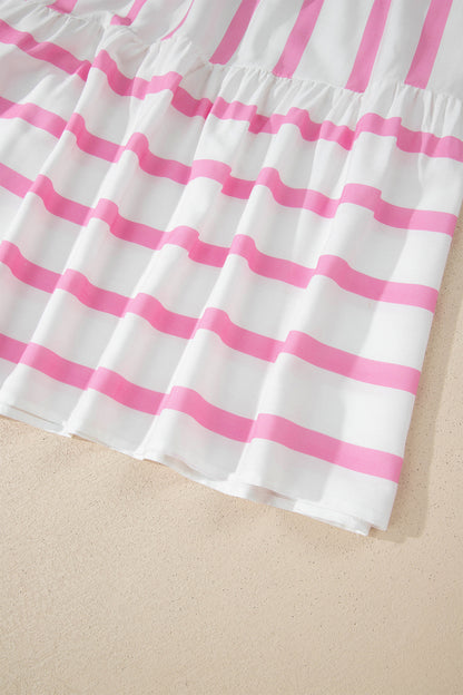 Pink Stripe Plus Size V Neck Short Puff Sleeve Tiered Maxi Dress - Snoopy's Closet