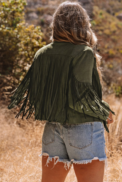 Chaqueta de ante sintético corta verde con flecos