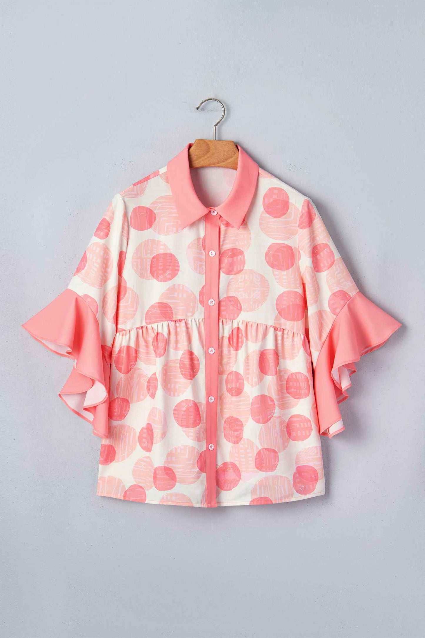 Pink Double Polka Dot Printed Ruffle Trim Short Sleeve Babydoll Shirt