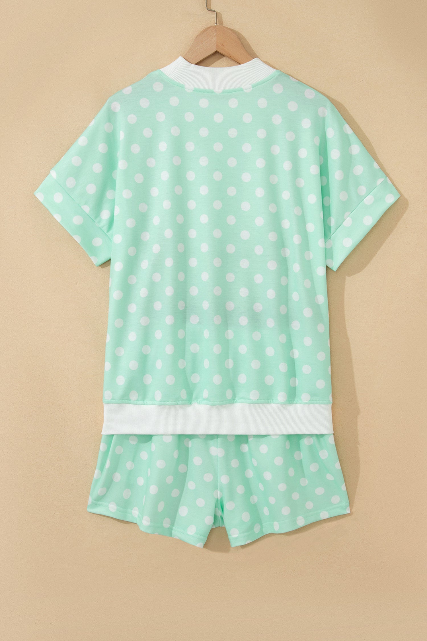 Sky Blue Polka Dot Print Color Block Trim Mock Neck Short Set - Snoopy's Closet