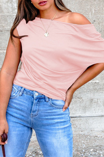Gossamer Pink Plus Size Solid Color Asymmetric Neck Short Sleeve Blouse - Snoopy's Closet