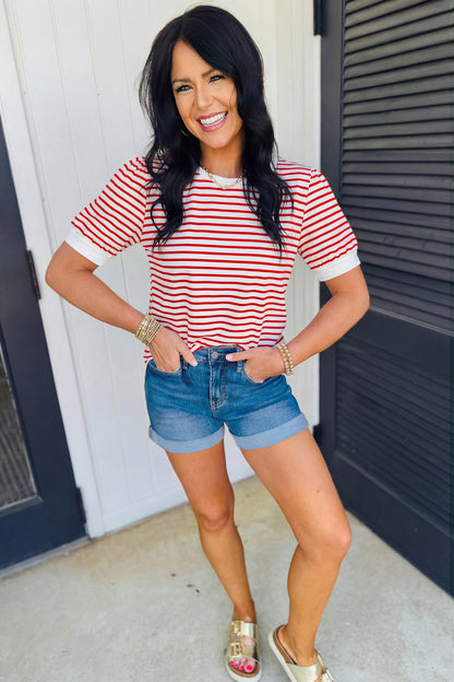 Red Stripe Contrast Trim Round Neck Short Puff Sleeve T Shirt - Snoopy's Closet