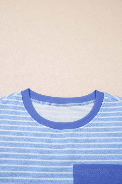 Sky Blue Stripe Crew Neck Tee Drawstring Waist Cropped Pants Set - Snoopy's Closet