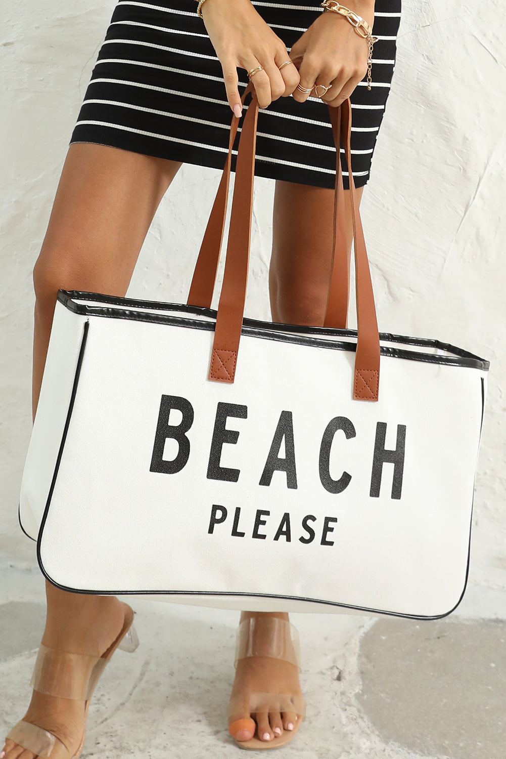 White BEACH PLEASE Print Large Canvas Tote Bag - Snoopy's Closet