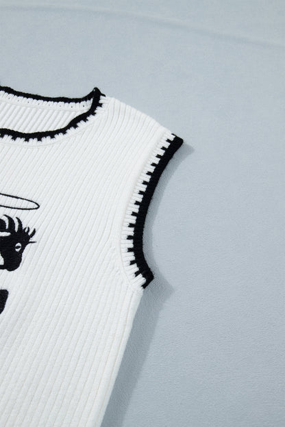 White Contrast Trim Round Neck Rodeo Cowboy Sweater Vest