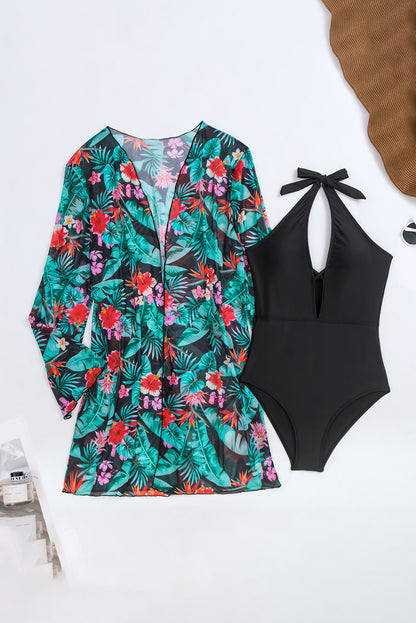 Black Halter Neck Monokini with Floral Beach Cover Up - Snoopy's Closet