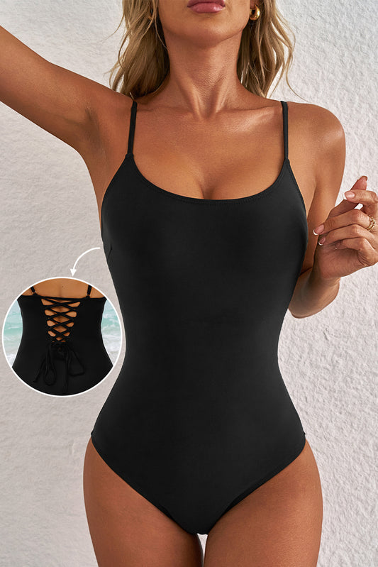 Dearlove Black Thin Strap Strappy Lace-up Open Back One Piece Swimsuit - Snoopy's Closet