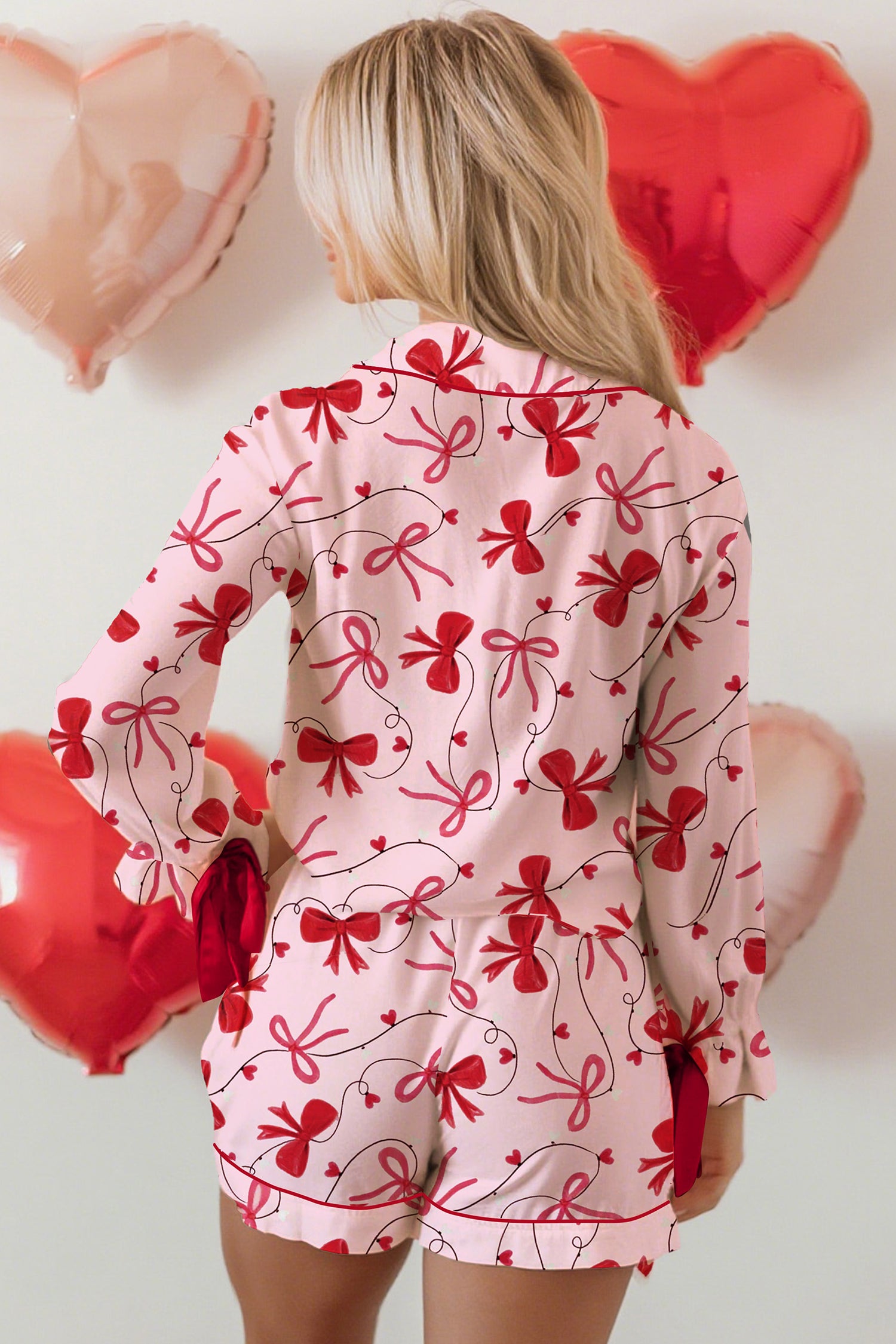 Red Bow Print Valentine Long Sleeve Shirt Shorts 2 Pcs Pajama Set - Snoopy's Closet