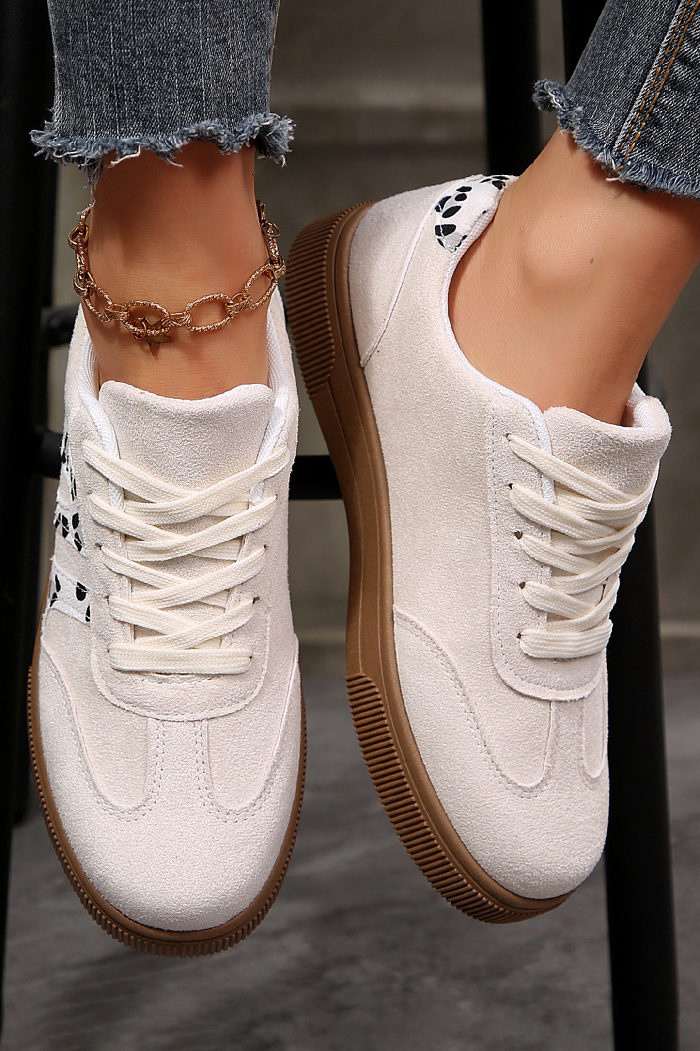 White Suede Leopard Color Block Trim Lace-up Casual Shoes - Snoopy's Closet