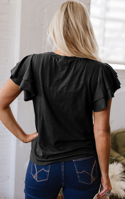 Dark Grey Layered Ruffle Short Sleeve Round Neck Top - Snoopy's Closet