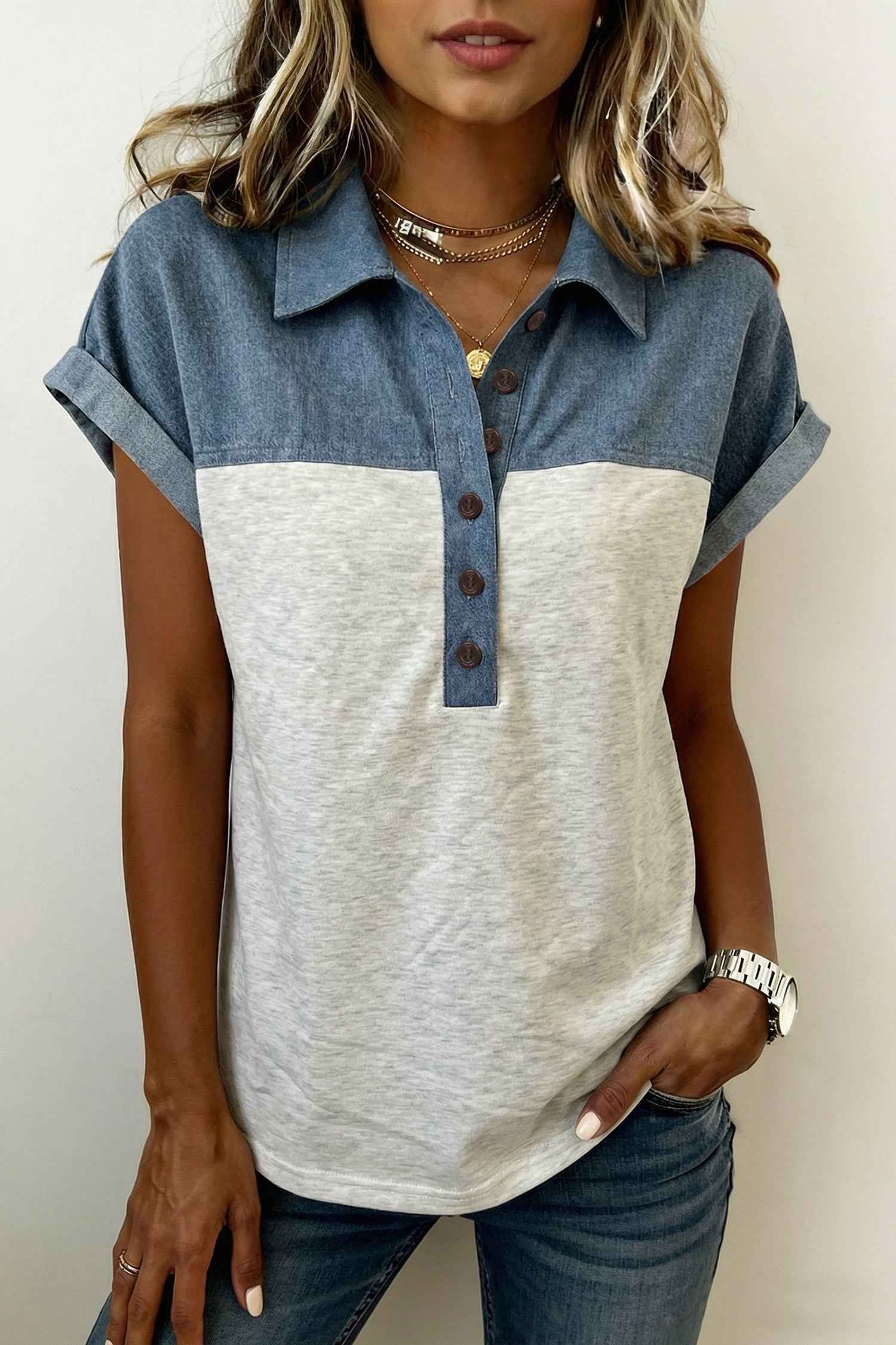 Light Grey Color Block Denim Patchwork Button Polo Collar Short Sleeve Top
