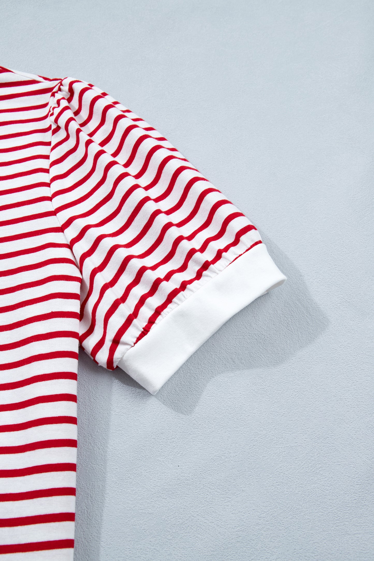 Red Stripe Contrast Trim Round Neck Short Puff Sleeve T Shirt - Snoopy's Closet