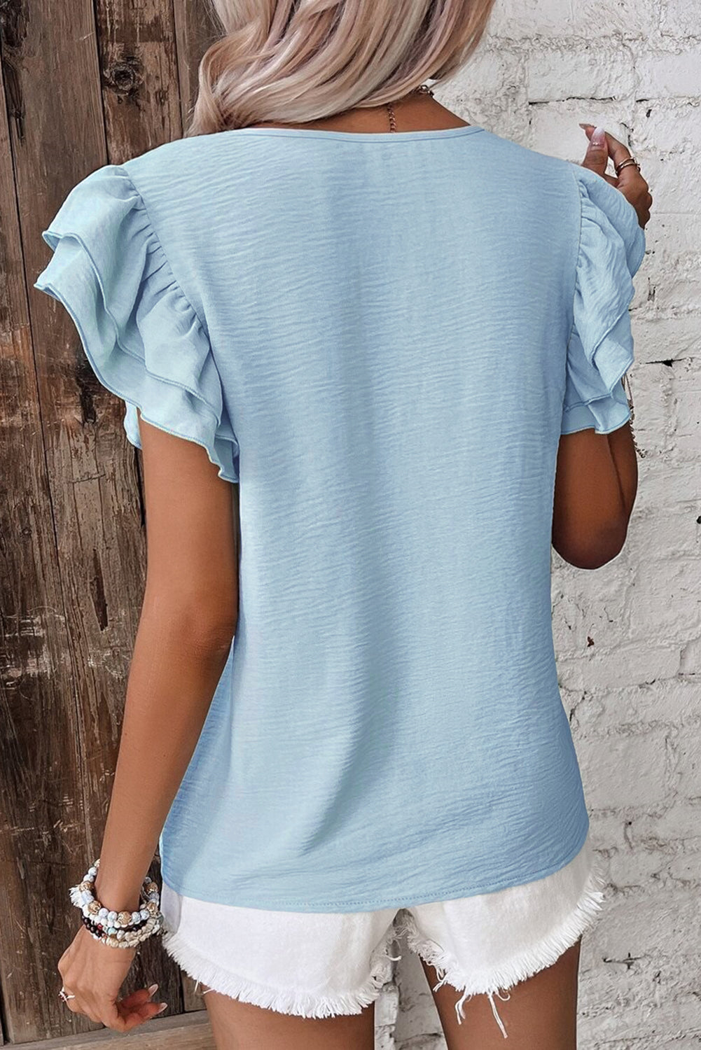 Clearly Aqua Solid Color Ruffled Short Sleeve Casual Blouse - Snoopy's Closet