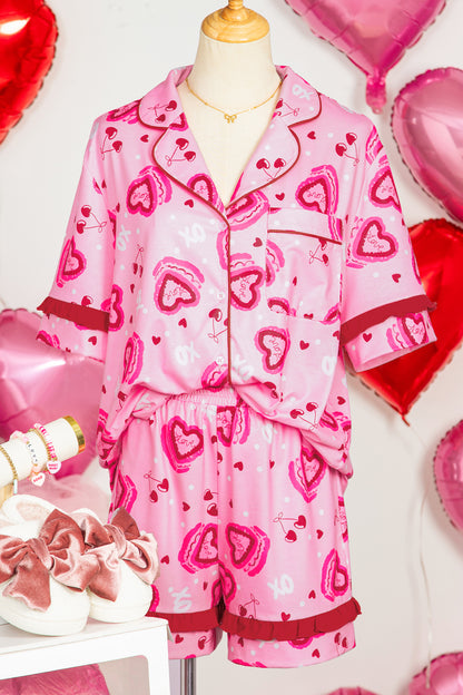 Pijama de 2 piezas de San Valentín con estampado de tarta de corazón rosa en contraste y volantes