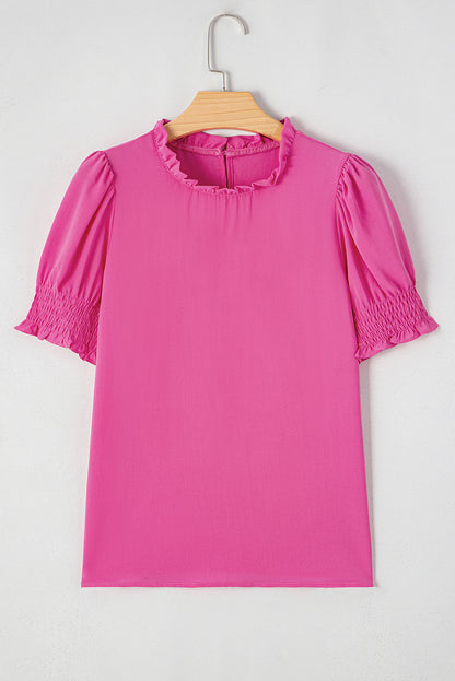 Rose Solid Color Smocked Puff Sleeve Blouse - Snoopy's Closet