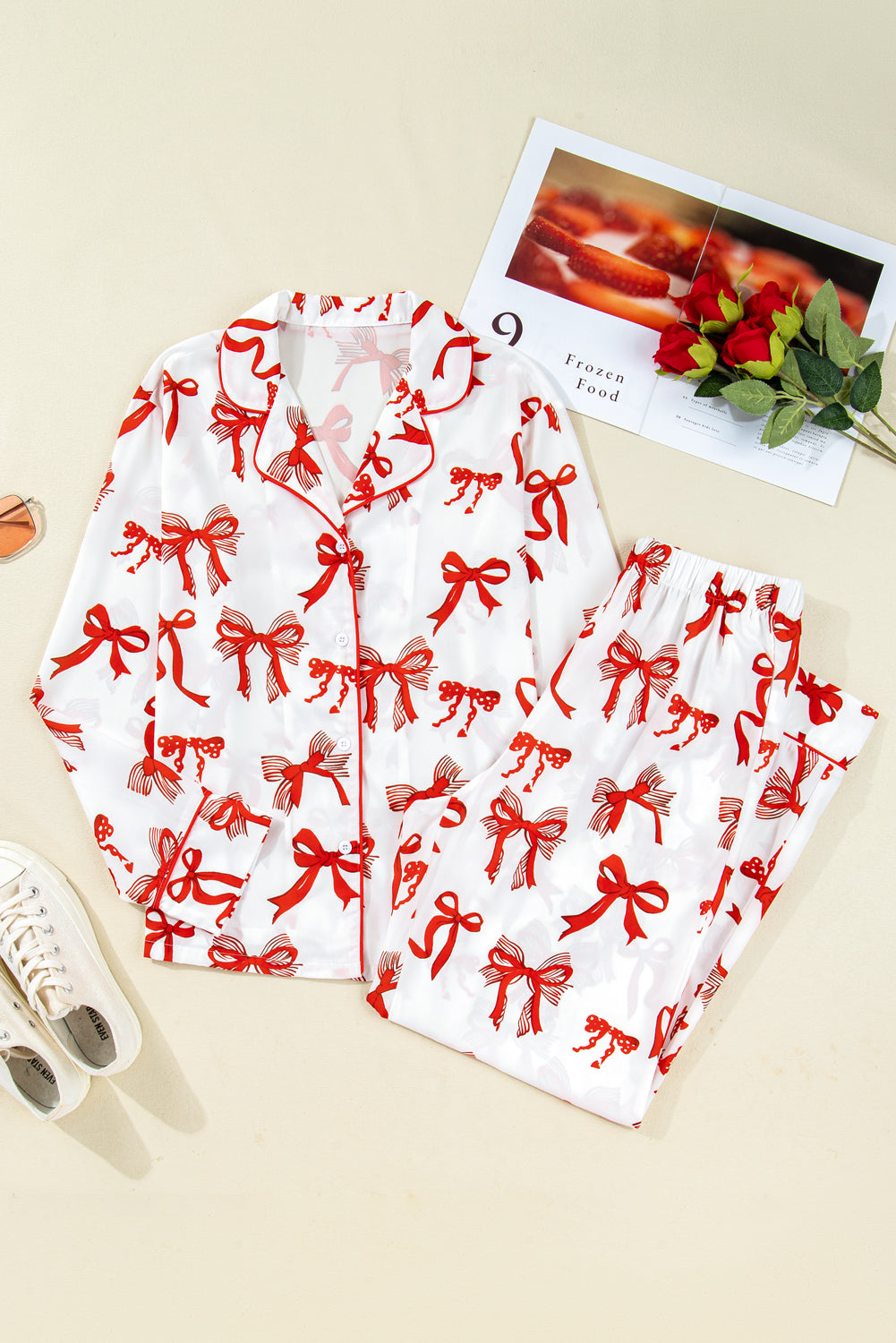 Red Christmas Bow Print Long 2pcs Pajama Set - Snoopy's Closet