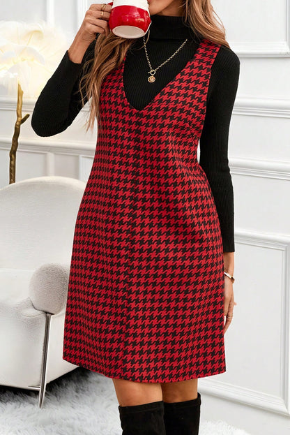 Red Houndstooth Print V Neck Sleeveless Mini Dress - Snoopy's Closet